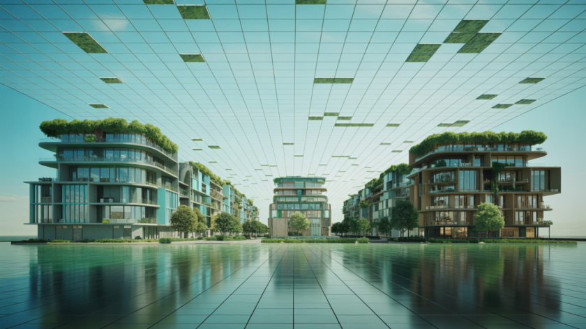 Illustration d'une ville futuriste avec des bâtiments innovants et respectueux de l'environnement