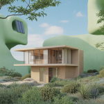 Image d'une maison moderne et durable de 2025 intégrée harmonieusement à la nature