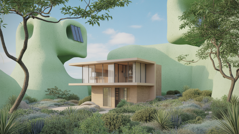 Image d'une maison moderne et durable de 2025 intégrée harmonieusement à la nature