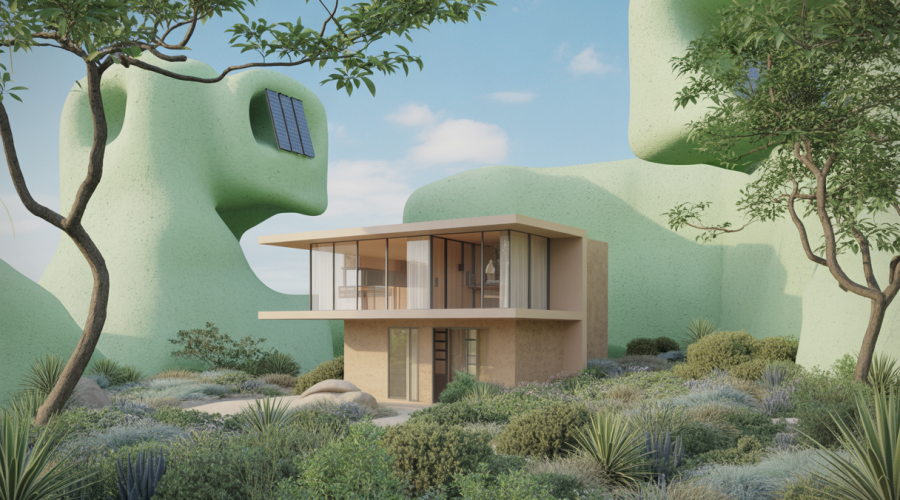 Image d'une maison moderne et durable de 2025 intégrée harmonieusement à la nature