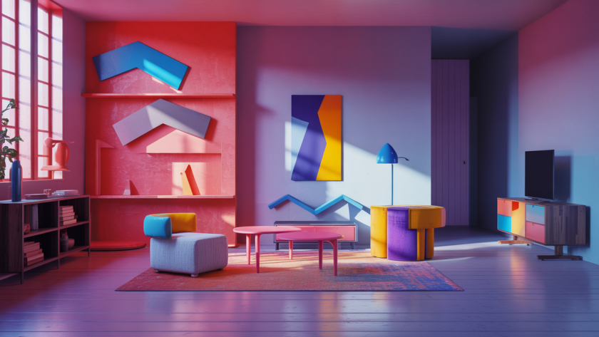 Intérieur moderne et chaleureux avec style Memphis pour 2025