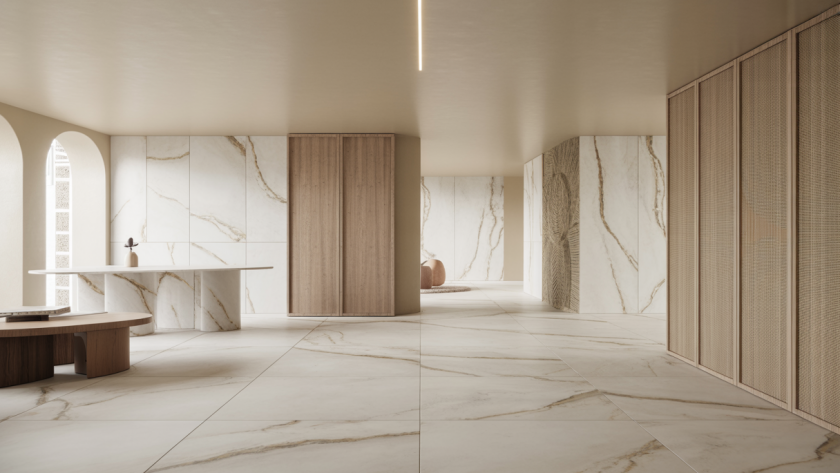 Intérieur moderne et élégant en 2025 avec marbre Calacatta et bois texturé