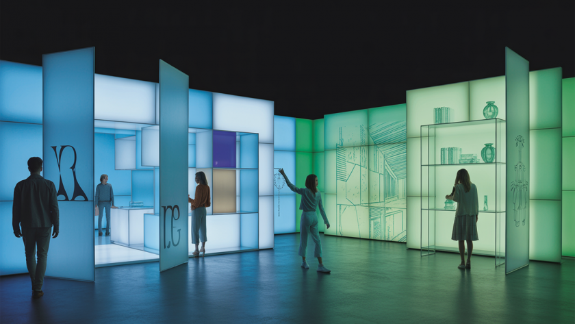 Image d'un espace architectural commercial futuriste avec des structures modulables et des designs innovants