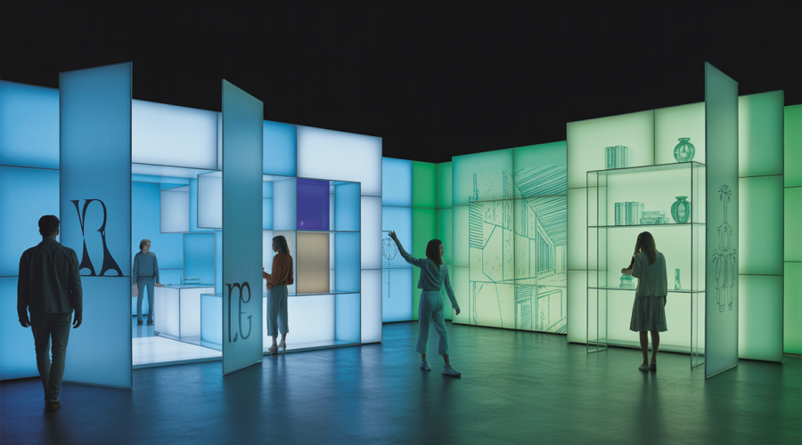 Image d'un espace architectural commercial futuriste avec des structures modulables et des designs innovants