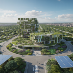 Image illustrant l'architecture durable en 2025 avec des matériaux recyclés et une conception circulaire.