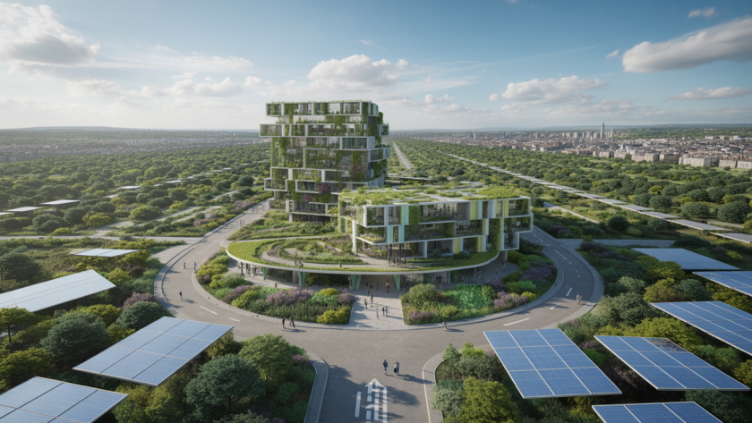 Image illustrant l'architecture durable en 2025 avec des matériaux recyclés et une conception circulaire.