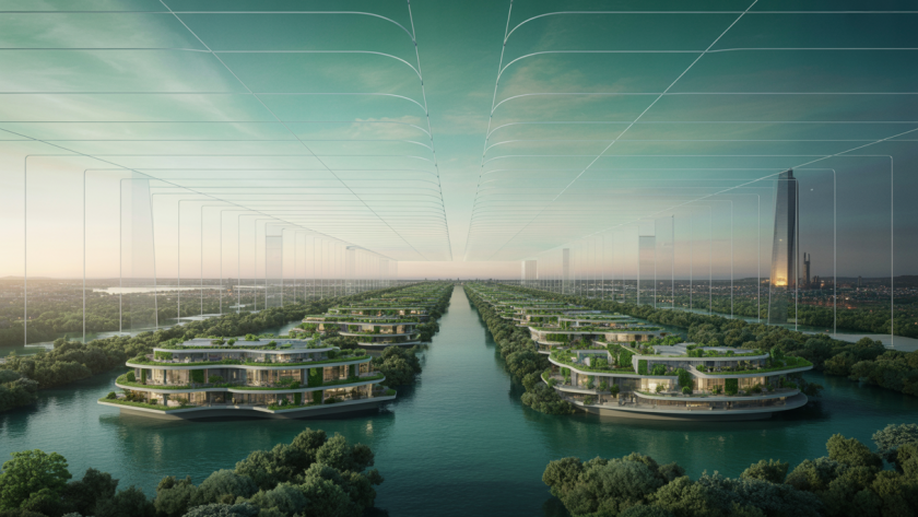 Image d'architecture futuriste intégrant la nature