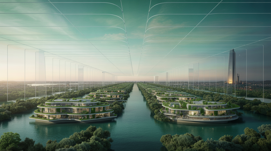 Image d'architecture futuriste intégrant la nature