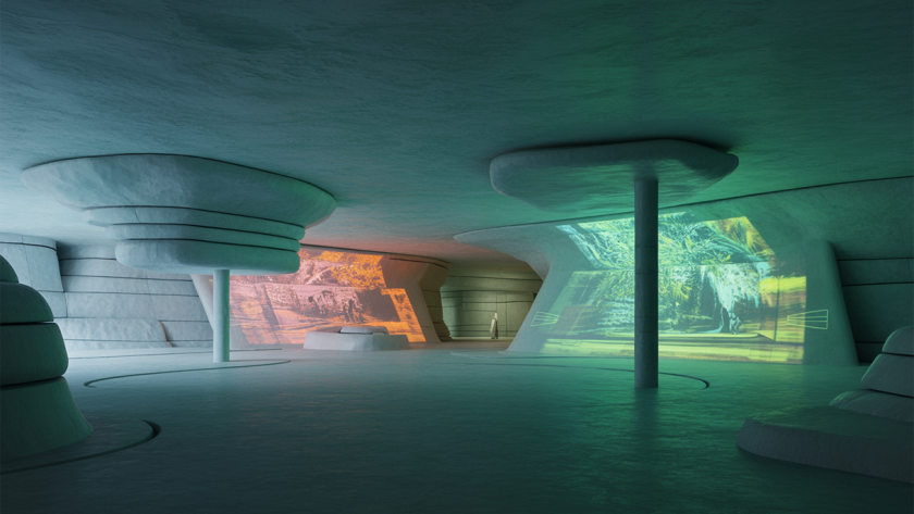 Intérieur immersif et contextuel d'un musée moderne avec projections lumineuses, espace sensoriel intégré à l'architecture environnante