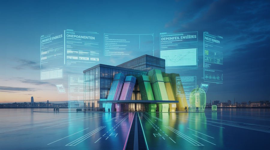 Visualisation futuriste de l'architecture moderne intégrant l'intelligence artificielle et le big data pour des bâtiments écoénergétiques