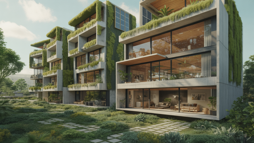 Maison résidentielle contemporaine en 2025 présentant une architecture modulaire, écologique et innovante, avec des grandes baies vitrées, une façade végétalisée, et des espaces flexibles intégrant la nature