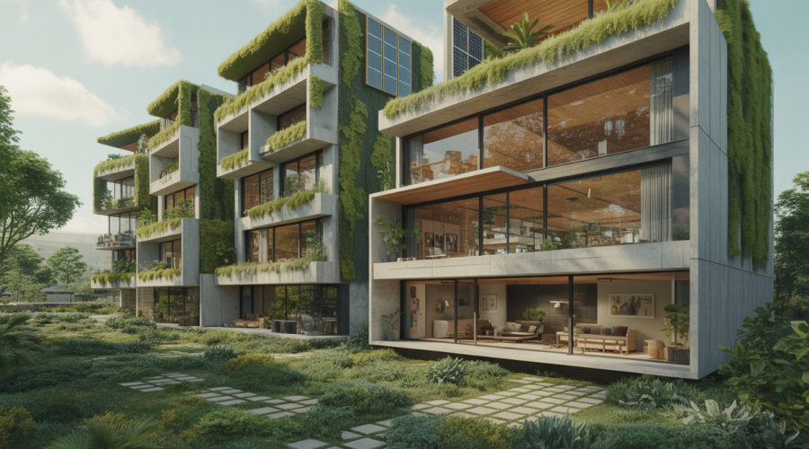 Maison résidentielle contemporaine en 2025 présentant une architecture modulaire, écologique et innovante, avec des grandes baies vitrées, une façade végétalisée, et des espaces flexibles intégrant la nature