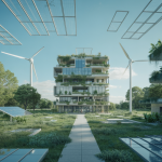 Image d'architecture futuriste intégrant durabilité et technologie
