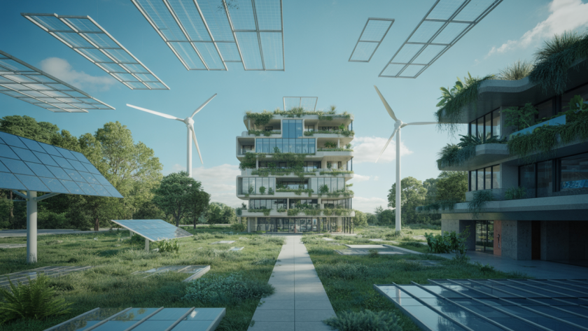 Image d'architecture futuriste intégrant durabilité et technologie