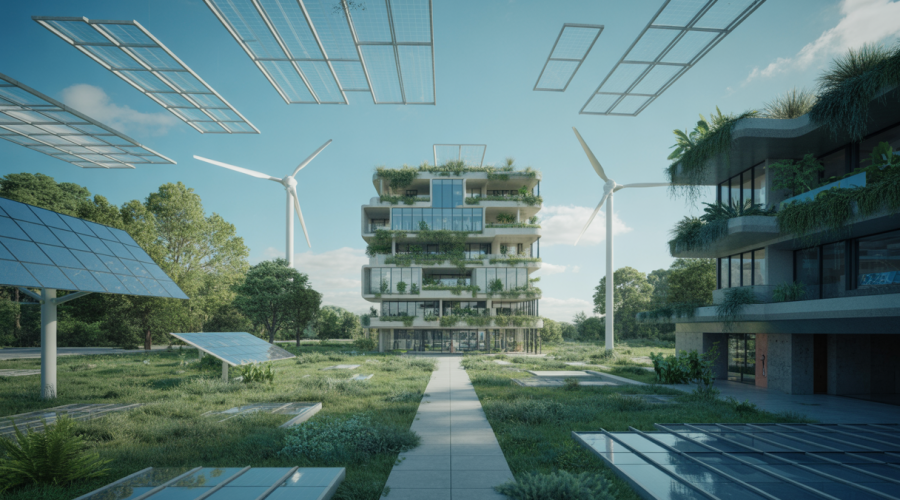 Image d'architecture futuriste intégrant durabilité et technologie