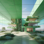 Construction écologique futuriste avec technologies avancées.