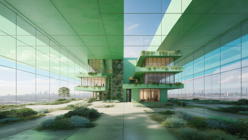 Construction écologique futuriste avec technologies avancées.