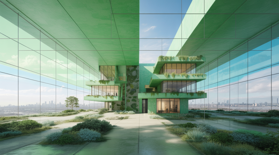 Construction écologique futuriste avec technologies avancées.