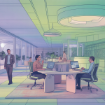 Illustration futuriste de bureaux en 2025 avec design hybride et environnement sensoriel.
