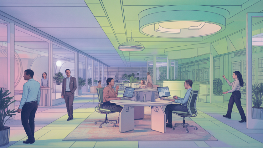 Illustration futuriste de bureaux en 2025 avec design hybride et environnement sensoriel.