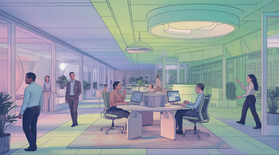 Illustration futuriste de bureaux en 2025 avec design hybride et environnement sensoriel.