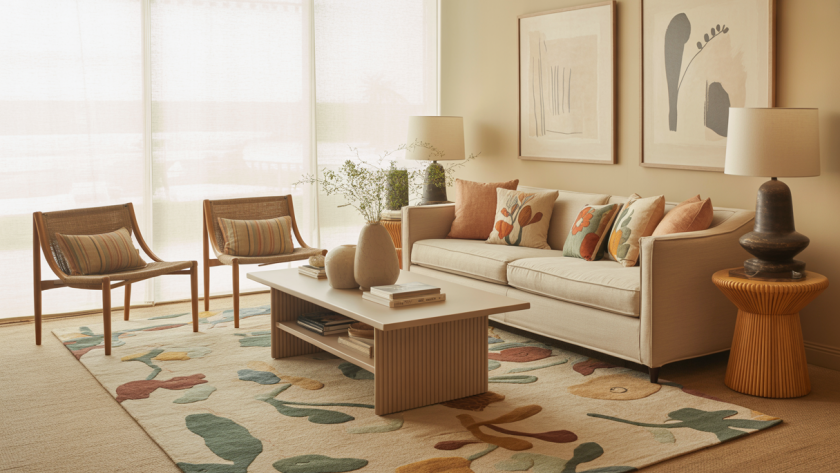 Intérieur moderne et chaleureux illustrant la collection Target Studio McGee avec des meubles élégants et accessoires déco dans des tons terreux