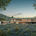 Bâtiment moderne intégré harmonieusement dans un environnement naturel verdoyant avec des éléments architecturaux reflétant le paysage environnant