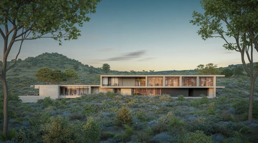 Bâtiment moderne intégré harmonieusement dans un environnement naturel verdoyant avec des éléments architecturaux reflétant le paysage environnant