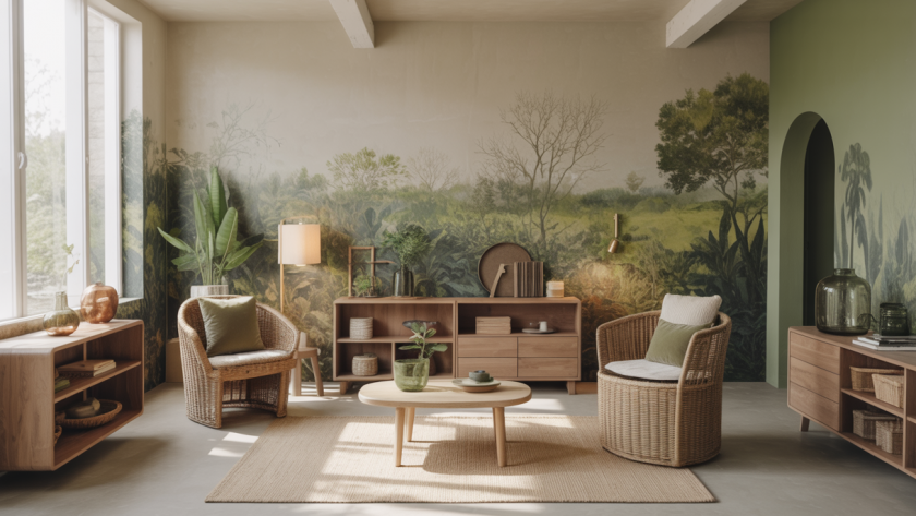 Image d'un espace contemporain éco-conçu avec des matériaux bio-sourcés.