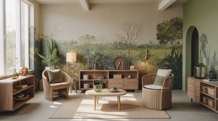 Image d'un espace contemporain éco-conçu avec des matériaux bio-sourcés.