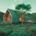 Illustration futuriste d'une maison intégrée à un paysage naturel