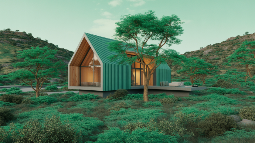 Illustration futuriste d'une maison intégrée à un paysage naturel