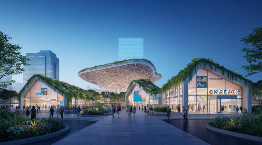 Vue spectaculaire des pavillons de l'Expo Osaka 2025 symbolisant l'identité nationale à travers l'architecture et le design durable