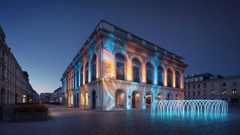 Installation lumineuse dans un cadre architectural historique.