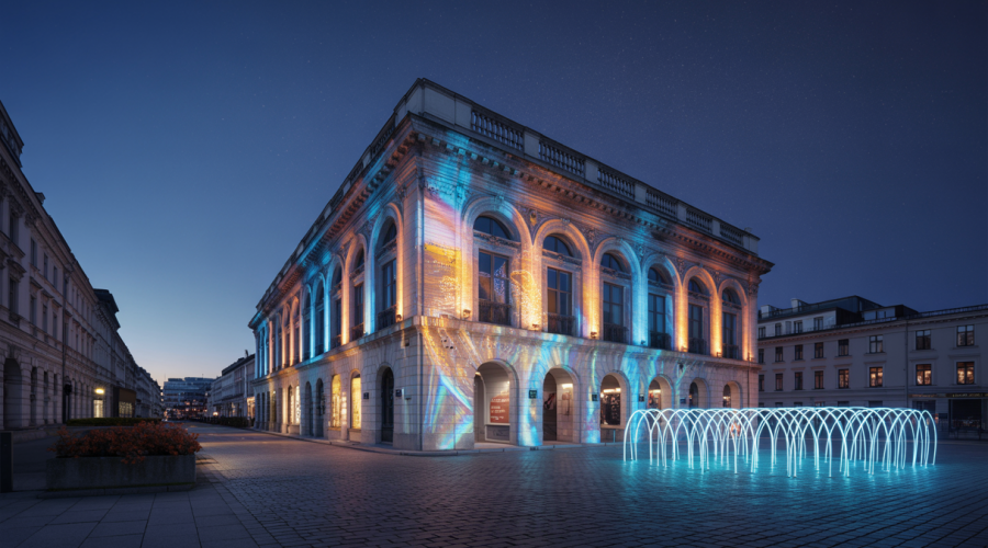 Installation lumineuse dans un cadre architectural historique.