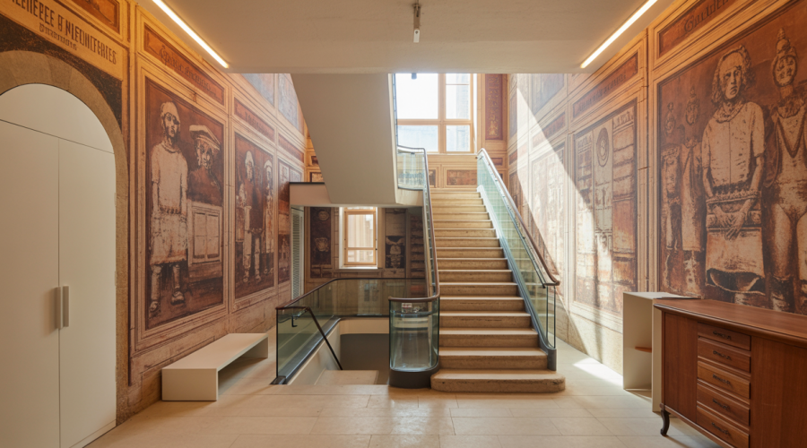 Intérieur rénové d'un bâtiment historique alliant éléments architecturaux anciens et aménagements modernes fonctionnels