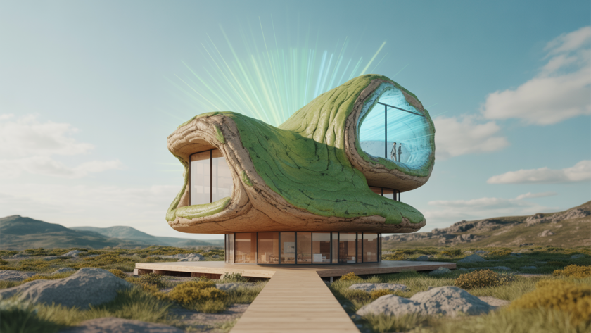 Illustration d'une structure architecturale complexe en impression 3D avec matériaux biosourcés