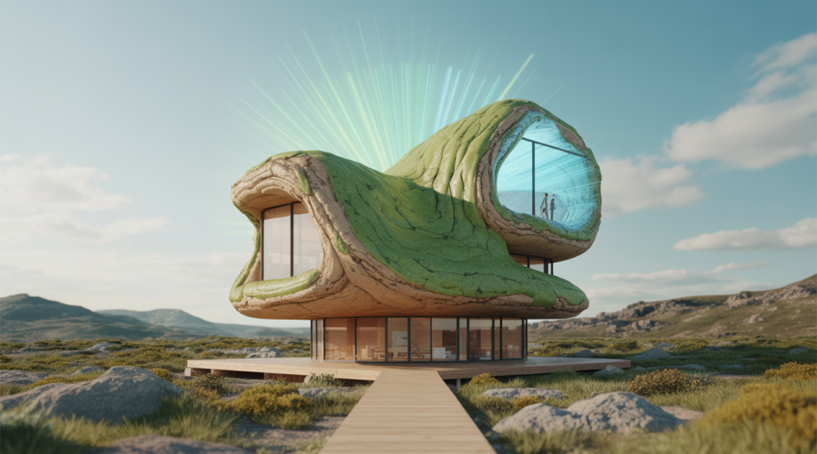 Illustration d'une structure architecturale complexe en impression 3D avec matériaux biosourcés