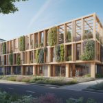 Vue d'un bâtiment moderne durable intégrant des matériaux écologiques biosourcés, une façade en bois clair avec panneaux solaires intégrés et des murs végétalisés sous un ciel bleu lumineux