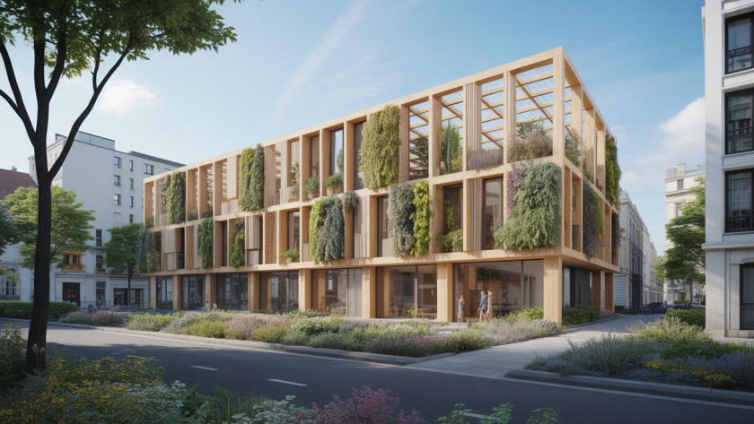 Vue d'un bâtiment moderne durable intégrant des matériaux écologiques biosourcés, une façade en bois clair avec panneaux solaires intégrés et des murs végétalisés sous un ciel bleu lumineux