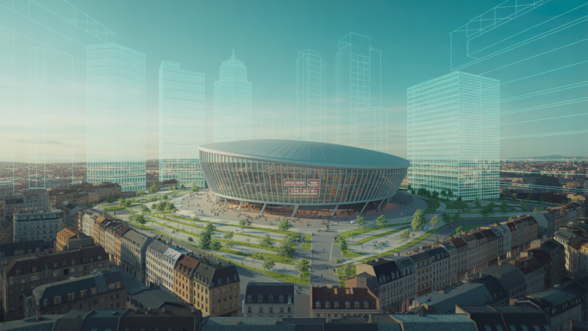 Vue spectaculaire d'un stade à la canopée flottante intégrée dans le tissu urbain