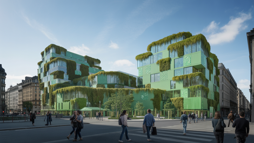 Vue futuriste d'une ville intégrant architecture biophilique et matériaux durables