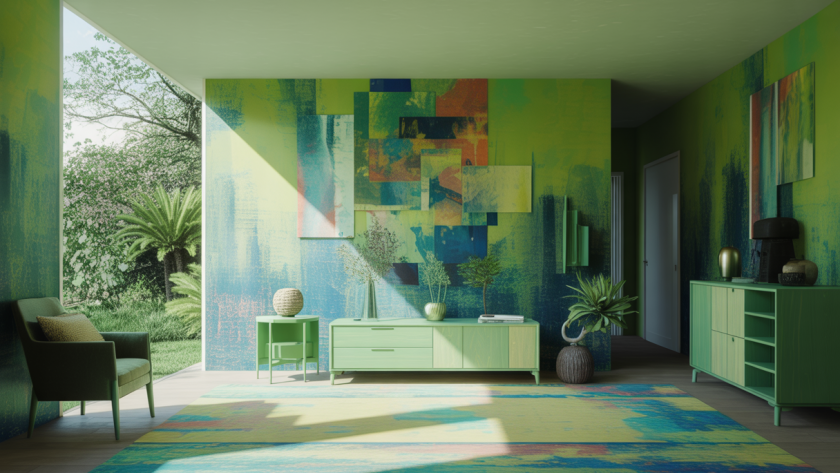 Décoration murale innovante avec motifs géométriques et couleurs naturelles.