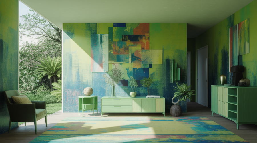 Décoration murale innovante avec motifs géométriques et couleurs naturelles.