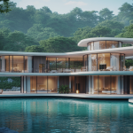 Illustration d'une villa de luxe intégrée à la nature, tendance 2025