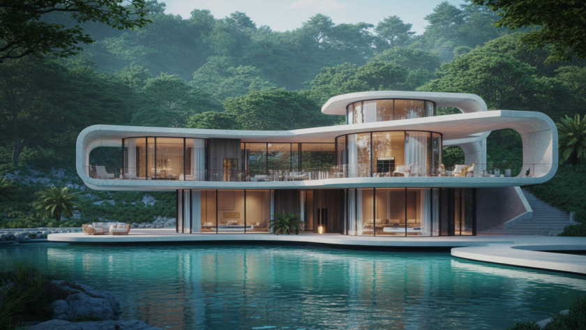 Illustration d'une villa de luxe intégrée à la nature, tendance 2025