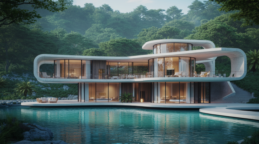 Illustration d'une villa de luxe intégrée à la nature, tendance 2025