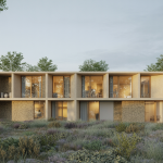 Bâtiment modulaire contemporain intégré dans un environnement naturel avec des matériaux écologiques et un design innovant