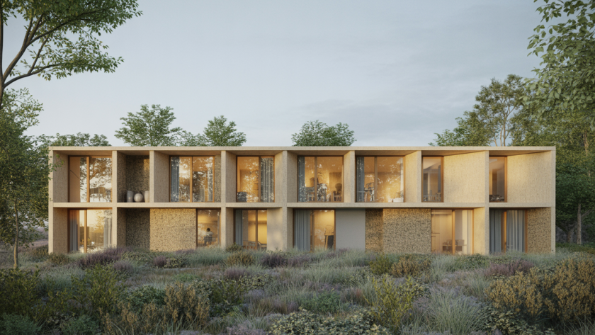 Bâtiment modulaire contemporain intégré dans un environnement naturel avec des matériaux écologiques et un design innovant