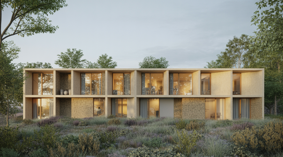 Bâtiment modulaire contemporain intégré dans un environnement naturel avec des matériaux écologiques et un design innovant